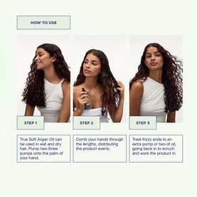 Maria Nila True Soft Argan Oil how-to-use guide showing three steps for applying hair oil to curly hair, wet or dry.