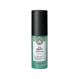 Maria Nila True Soft Argan Oil hair oil in green pump bottle with dark cap, smoothing formula for soft hair
