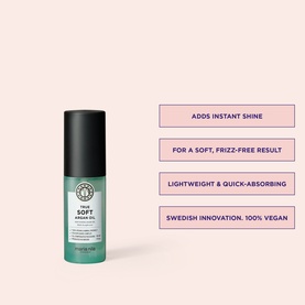 Maria Nila True Soft Argan Oil hair oil in teal bottle with black cap, shown with key benefits including shine and frizz-free result