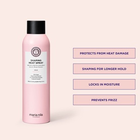 Maria Nila Shaping Heat Spray in pink aerosol can, shown with key benefits: heat protection, longer hold, moisture lock, frizz prevention