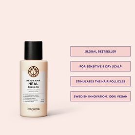 Maria Nila Head & Hair Heal Shampoo, small travel-size bottle in cream packaging with pink feature callouts on right