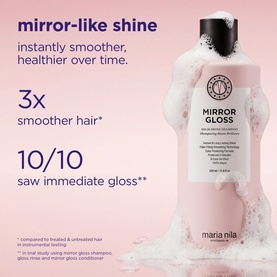 Maria Nila Mirror Gloss Shampoo bottle surrounded by foam, with claims of mirror-like shine and 3x smoother hair on pink background.