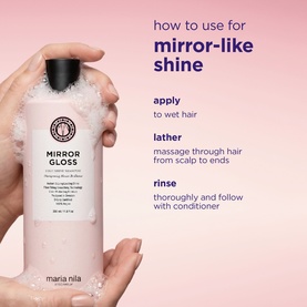 Maria Nila Mirror Gloss Shampoo bottle with foamy lather, shown with how-to-use instructions for mirror-like shine.