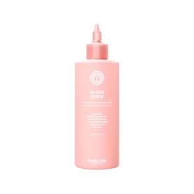Maria Nila Gloss Rinse treatment in pink squeeze bottle with pointed tip applicator, smoothing and frizz-reducing formula