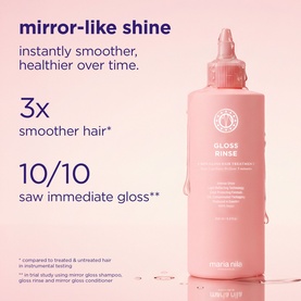 Maria Nila Gloss Rinse treatment in pink bottle, with claims of mirror-like shine and 3x smoother hair shown on promotional graphic