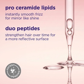 Maria Nila treatment ingredient highlight showing pro ceramide lipids and duo peptides on a pink background with dropper visual