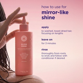 Maria Nila Gloss Rinse treatment in large pink bottle with how-to-use instructions for mirror-like shine