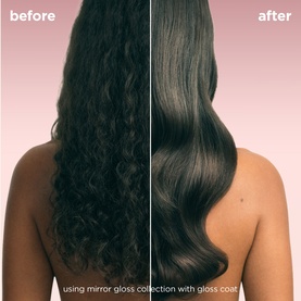 Maria Nila Mirror Gloss Collection with Gloss Coat before and after: frizzy curls transformed to smooth, glossy, defined waves