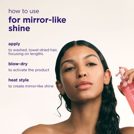 Maria Nila smoothing treatment how-to guide showing apply, blow-dry and heat style steps for mirror-like shine, with model holding pink bottle.