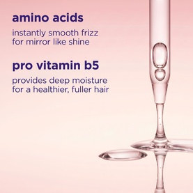 Maria Nila hair treatment serum drop highlighting amino acids for frizz control and pro vitamin B5 for deep moisture on pink background