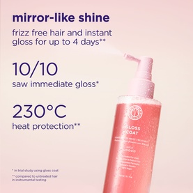 Maria Nila Gloss Coat hair treatment in pink pump bottle. Claims mirror-like shine, frizz-free results up to 4 days, 230&deg;C heat protection.