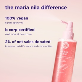 Maria Nila Gloss Coat treatment in pink pump bottle, highlighting vegan, B Corp certified, and 2% net sales donated credentials.