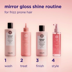 Maria Nila Mirror Gloss Shine Routine four-step set for frizz-prone hair: wash, treat, finish, and style products in pink packaging