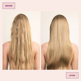 Maria Nila Strengthen & Repair treatment before and after: back view of long blonde hair, visibly smoother and shinier after use