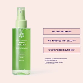 Maria Nila Structure Repair Bond Builder spray bottle in green, with claims showing 73% less breakage and 74% improved hair quality