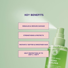 Maria Nila Moisture Repair Bond Builder spray bottle on green background with key benefits text highlighting heat protection to 230&deg;C.