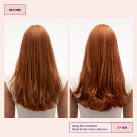 Maria Nila Head & Hair Heal collection before and after results showing improved shine and smoothness on long auburn hair.