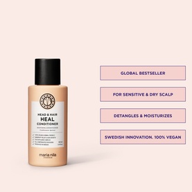 Maria Nila Head & Hair Heal Conditioner bottle with claim callouts: global bestseller, sensitive & dry scalp, detangles & moisturises, 100% vegan.