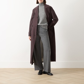 Model wearing Max Mara Weekend Dorata Straight-Leg Trousers in light grey, styled with a grey turtleneck and dark burgundy longline coat