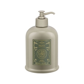 Penhaligon body lotion in a sage green pump dispenser bottle with decorative label, 500ml