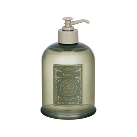 Penhaligon Halfeti Body Wash in a sage green glass pump bottle, 500ml, with embossed label detailing.
