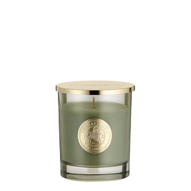 Penhaligon candle in sage green glass vessel with gold medallion emblem and gold lid