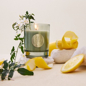 Penhaligon candle in sage green glass with gold emblem, lit wick, styled with lemon slices and white florals on neutral background
