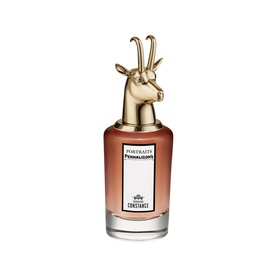 Penhaligon Portraits Coveted Constance EDP in glass bottle with gold gazelle head cap and warm amber-toned fragrance