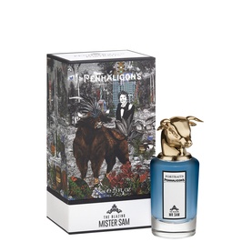 Penhaligon Mister Sam EDP bottle with gold bull stopper beside illustrated gift box, 75ml eau de parfum