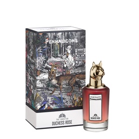 Penhaligon's Duchess Rose EDP bottle with gold horse-head cap beside illustrated gift box, red and grey tones