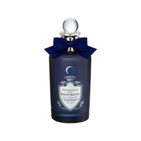Penhaligon's Endymion Concentr&eacute; EDP in dark blue frosted bottle with silver stopper and navy bow ribbon.