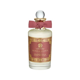Penhaligon's Empressa Eau de Parfum in tall glass bottle with gold label, pink bow and spherical stopper