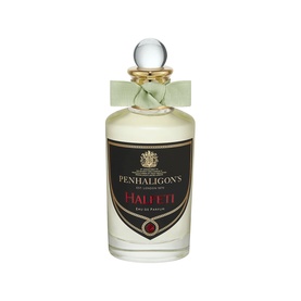 Penhaligon's Halfeti Eau de Parfum in clear glass bottle with black label, gold collar and pale green ribbon bow stopper