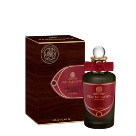 Penhaligon Halfeti Leather EDP 100ml in deep red bottle with gold cap, shown alongside matching red gift box