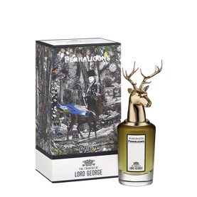 Penhaligon The Tragedy of Lord George EDP with illustrated box featuring stag and forest scene, gold deer-head cap bottle