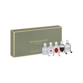 Penhaligon's Miniature Collection fragrance gift set with five assorted miniature bottles in sage green presentation box