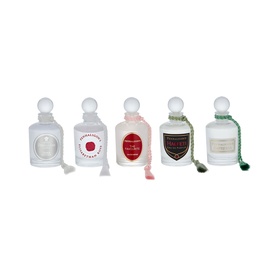 Penhaligon Fragrance Set of five miniature frosted glass bottles with ball stoppers and decorative ribbon tassels in varied colours.