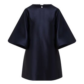 Roisin Linnane Olivia Mini Dress in navy, structured satin-finish fabric with wide sleeves, A-line silhouette and back button detail