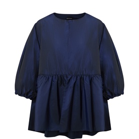 Roisin Linnane navy jacket with gathered peplum hem, balloon sleeves, and round neckline in acetate-viscose blend