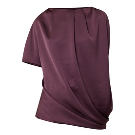 Roisin Linnane wine draped top with asymmetric wrap front, short sleeves, and gathered side detail in satin-finish fabric.