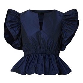 Roisin Linnane navy top with V-neckline, dramatic ruffle sleeves, and elasticated peplum waist in viscose fabric