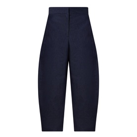 Roisin Linnane navy cotton trousers with high waist, tapered barrel leg, and concealed fly front
