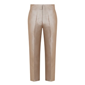 Roisin Linnane Twig Cropped Slim-Leg Trousers in gold satin finish, mid-rise with pressed creases, tapered leg and clean cropped hem