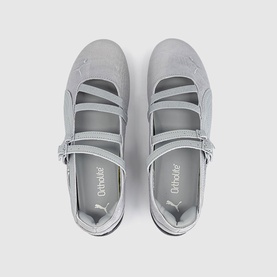 Puma white croc mary jane flats with strappy cross-over detailing, tonal rubber sole, overhead flat lay view