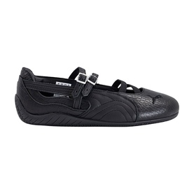 Puma black croc mary jane flat shoes with double buckle straps, quilted toe cap, and black sole