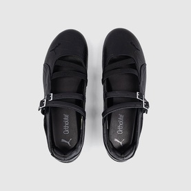 Puma black croc mary jane flat shoes with double buckle straps, overhead view showing smooth and textured panels