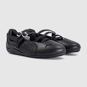 Puma black croc mary jane flat shoes with double buckle straps and quilted toe detail, smooth leather upper.