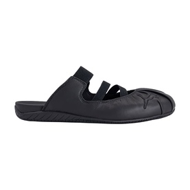 Puma Speedcat Ballet Flat Mules in Puma Black, backless mule with crossover elastic straps, smooth leather upper, rubber sole