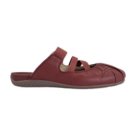 Puma red leather slip-on mule with cutout strap detail and tan rubber sole, side profile view