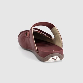Puma red women's slide sandal, heel view, cross-strap design with tan footbed and branded insole